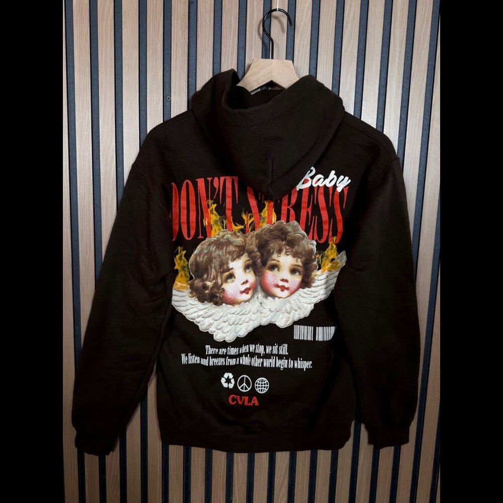 CVLA Hoodie Small Womens Brown Fleece Pullover 'Dont Stress Baby' Angel Graphic